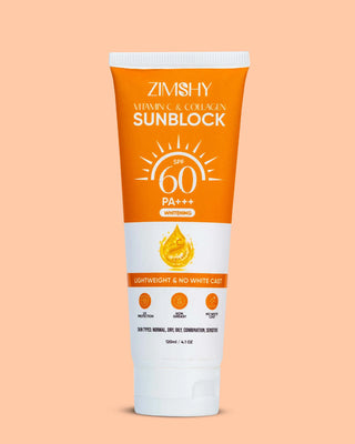 ZIMSHY Vitamin C & Collagen Sunblock SPF 60- Lightweight No White Cast UVA-UVB Protection 120ML