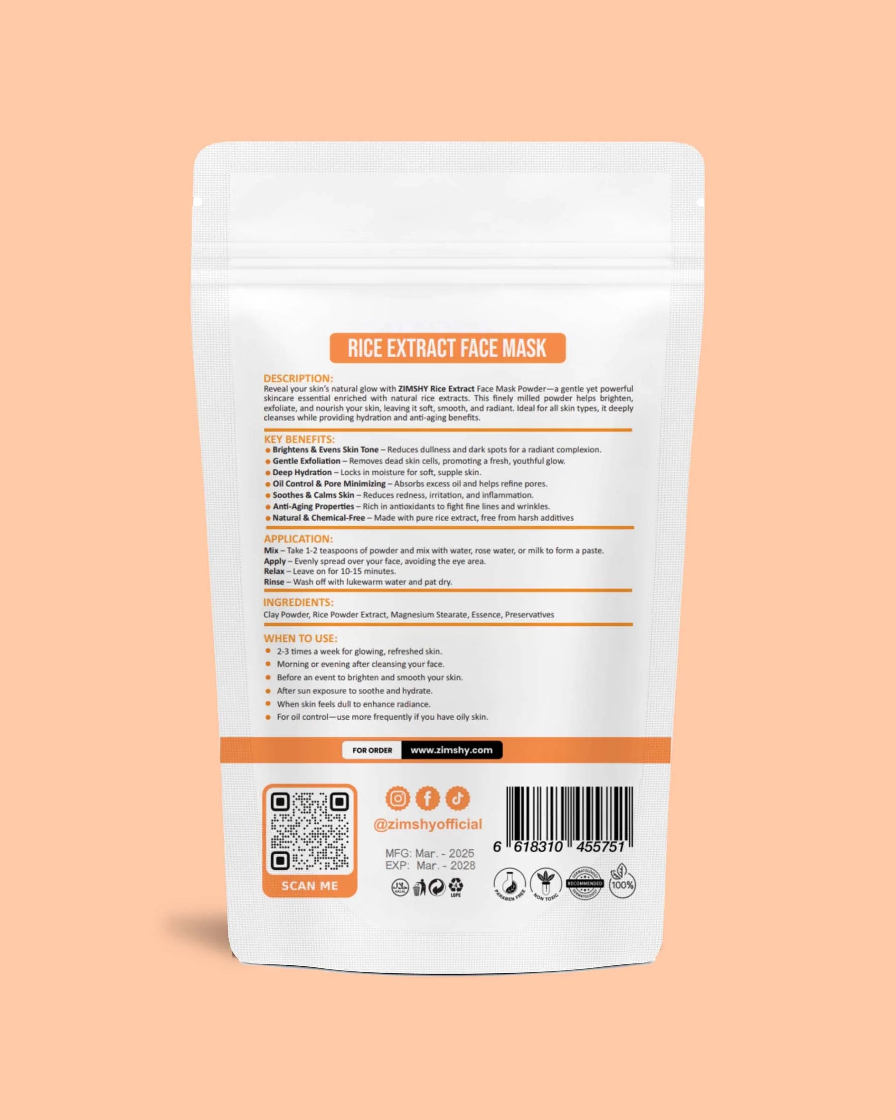 ZIMSHY Rice Extract Face Mask – Oil Control & Pore Minimizing for All Skin Types 120g