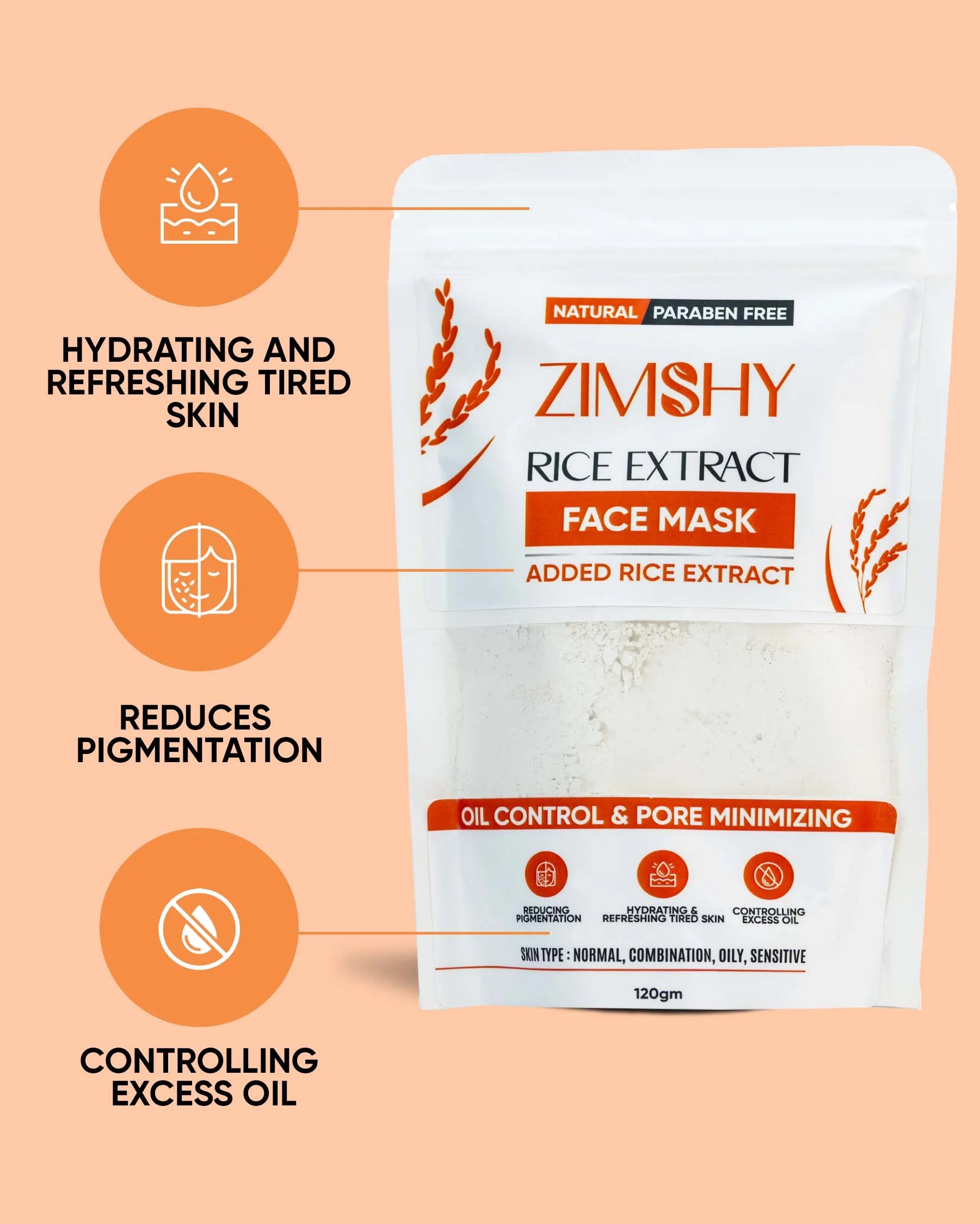 ZIMSHY Rice Extract Face Mask – Oil Control & Pore Minimizing for All Skin Types 120g