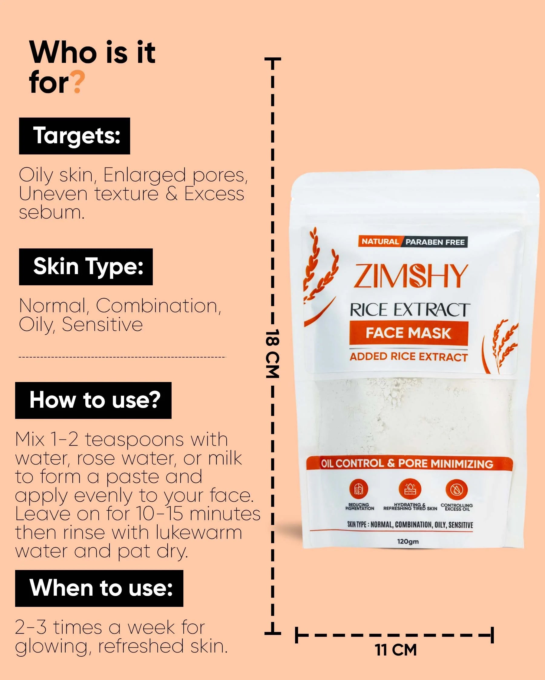 ZIMSHY Rice Extract Face Mask – Oil Control & Pore Minimizing for All Skin Types 120g
