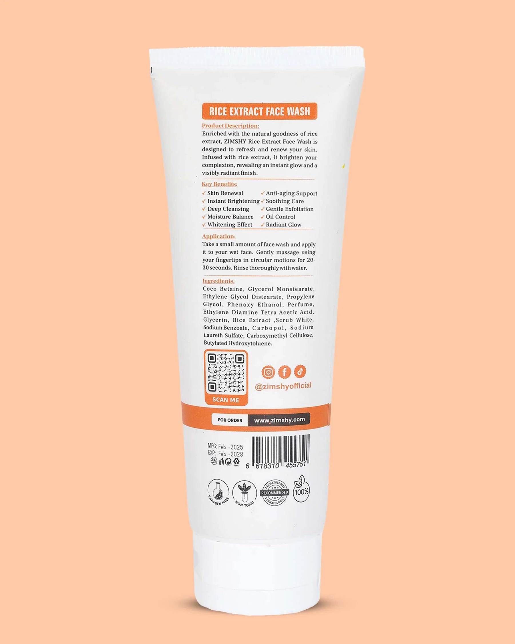 ZIMSHY Rice Extract Face Wash – Brightening for Normal, Combination, Oily & Sensitive Skin 100ML