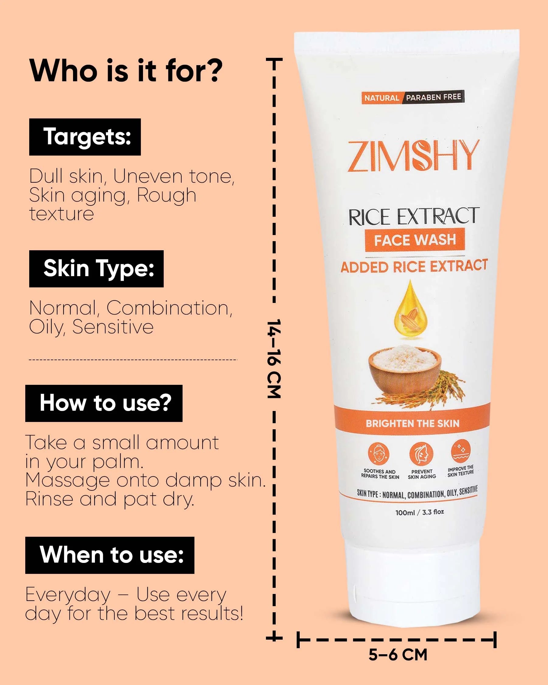 ZIMSHY Rice Extract Face Wash – Brightening for Normal, Combination, Oily & Sensitive Skin 100ML