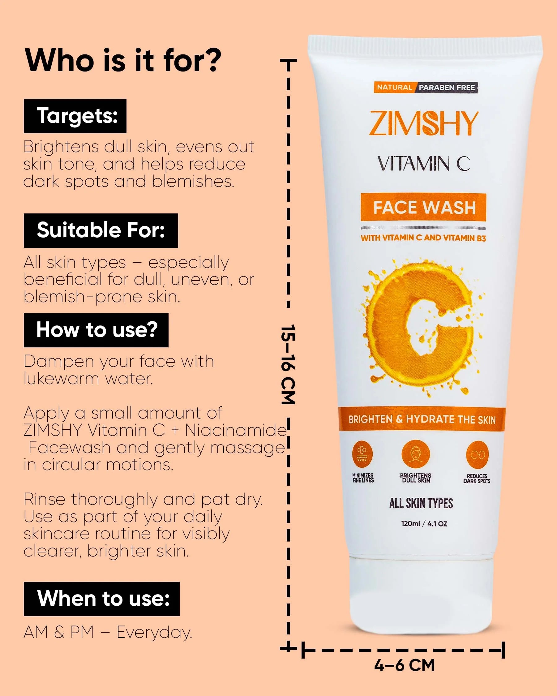 ZIMSHY Vitamin C & Niacinamide (B3) Face Wash – Brighten, Hydrate & Even Skin Tone Naturally 120ML