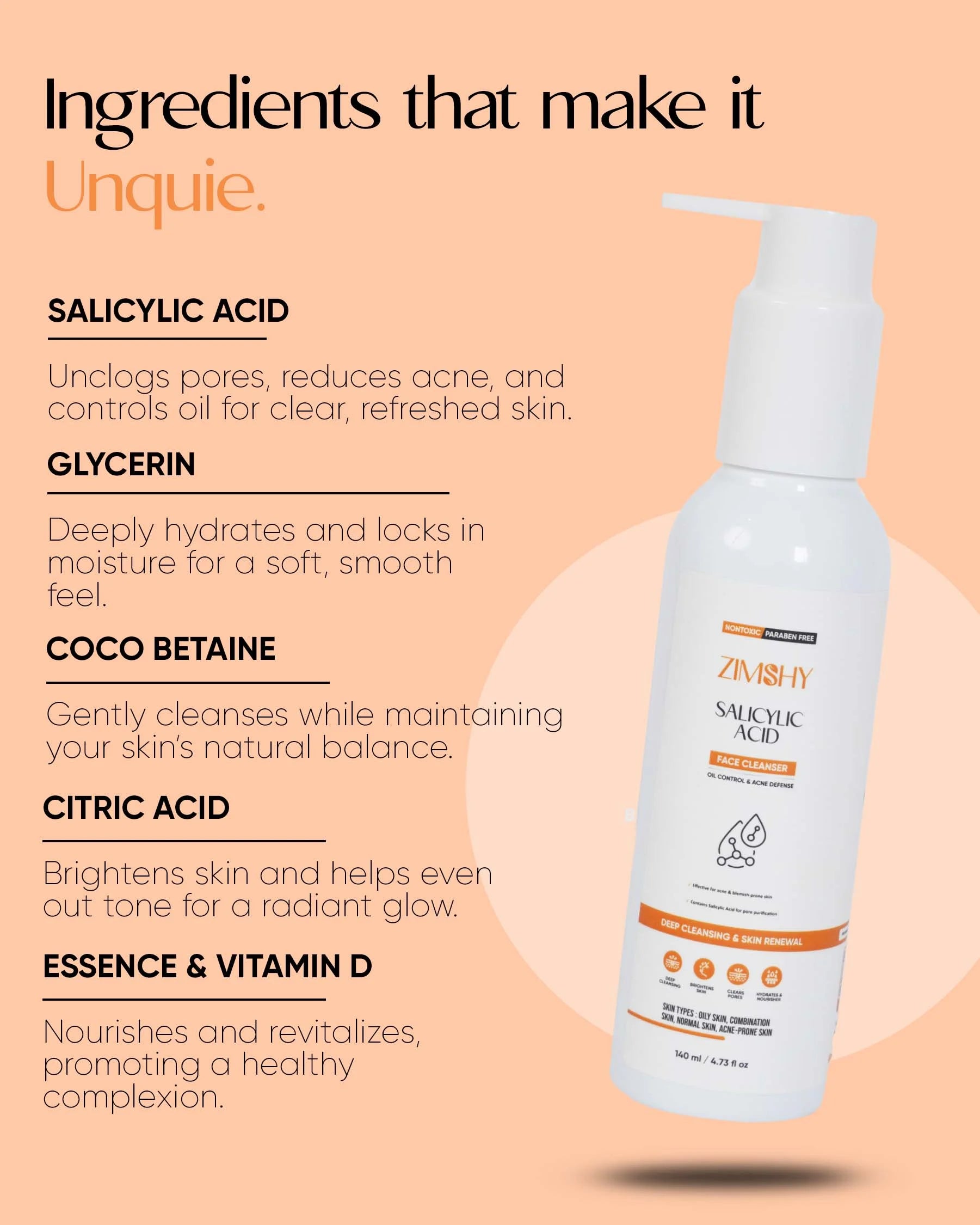 ZIMSHY Face Cleanser with Salicylic Acid, Oil Control Acne Defense for Oily Combination Acne Prone Skin 140ML