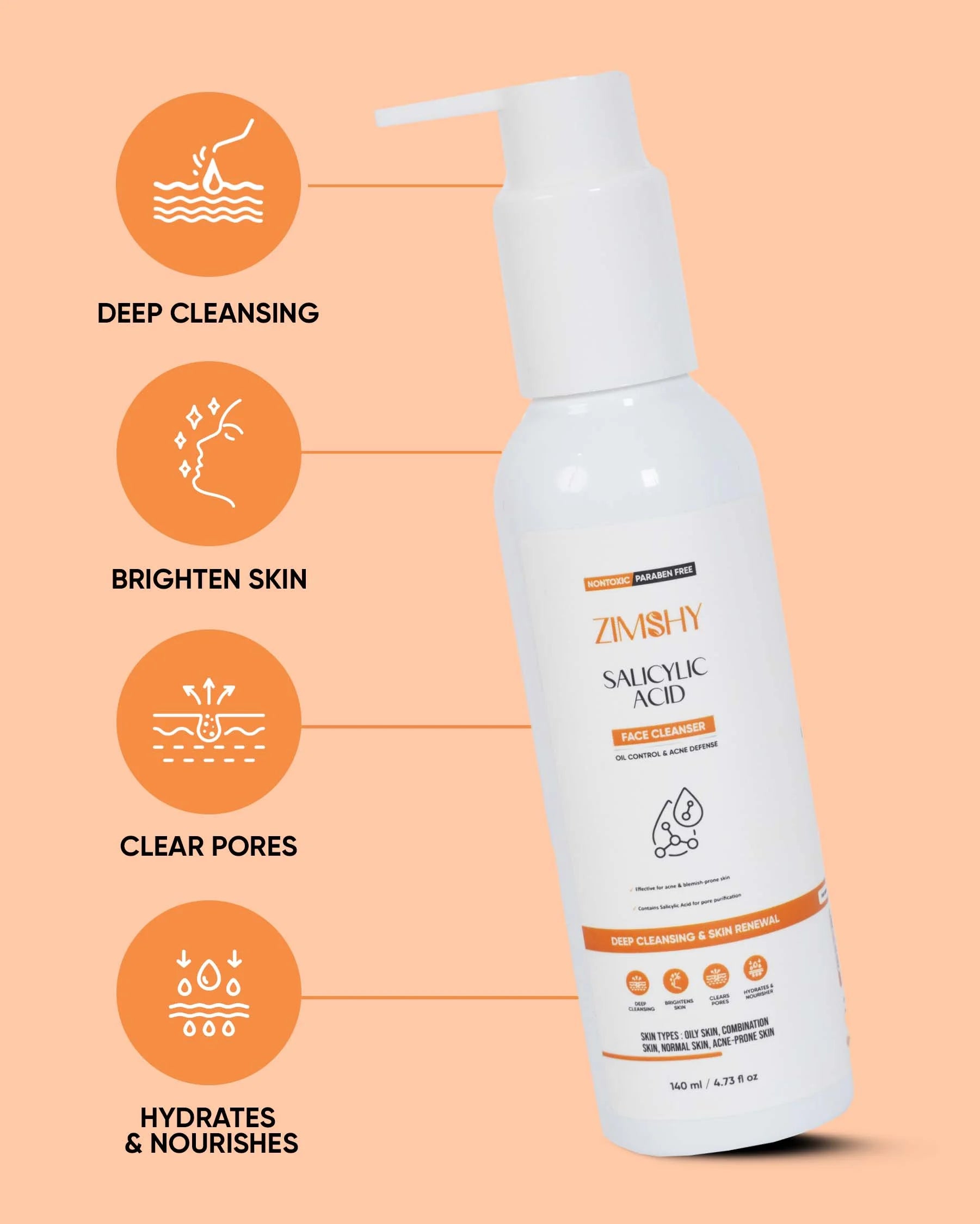 ZIMSHY Face Cleanser with Salicylic Acid, Oil Control Acne Defense for Oily Combination Acne Prone Skin 140ML