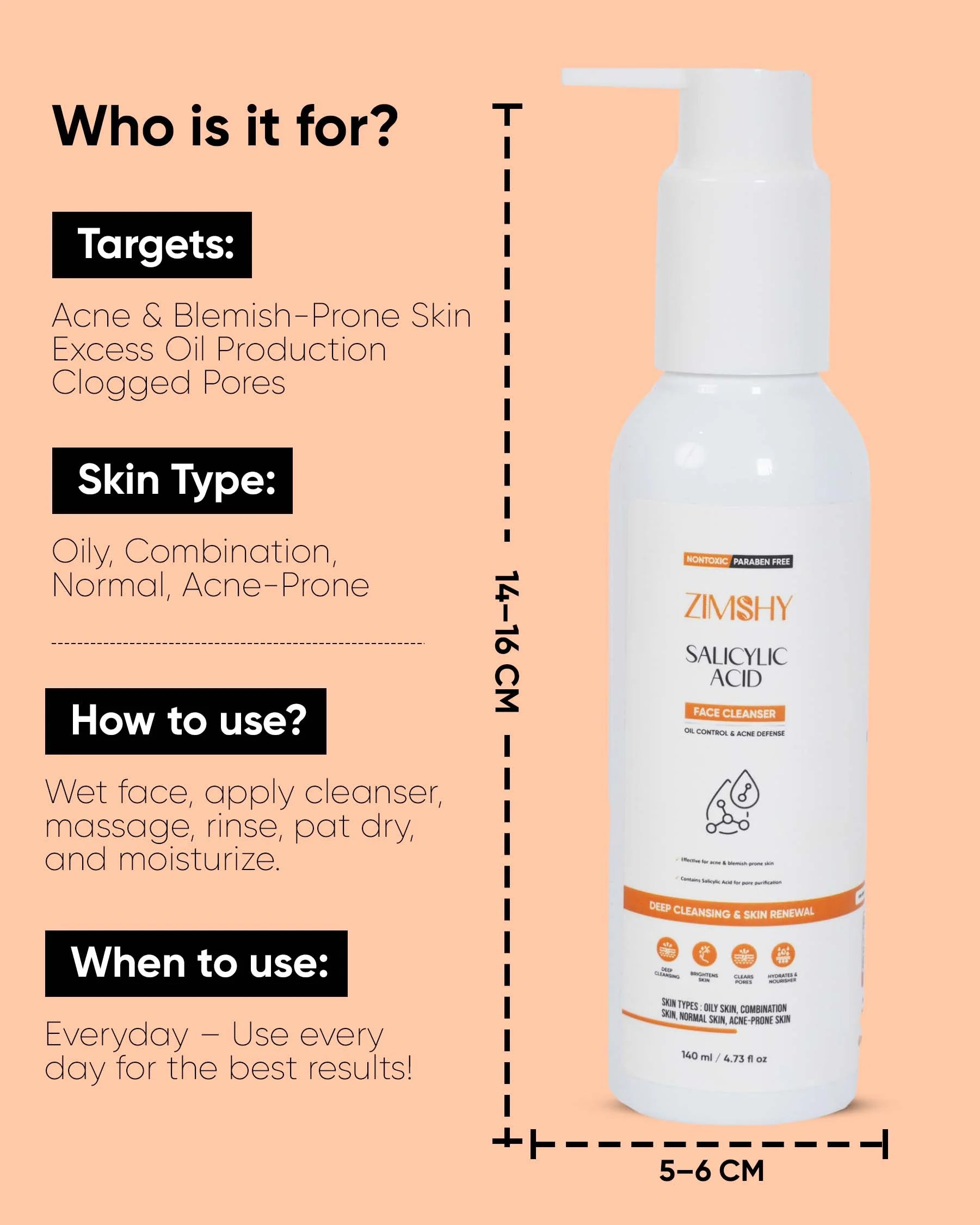ZIMSHY Face Cleanser with Salicylic Acid, Oil Control Acne Defense for Oily Combination Acne Prone Skin 140ML